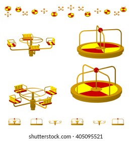 Children's Carousel or roundabout in different projections from different angles, isometric, flat. Isolated on white background.