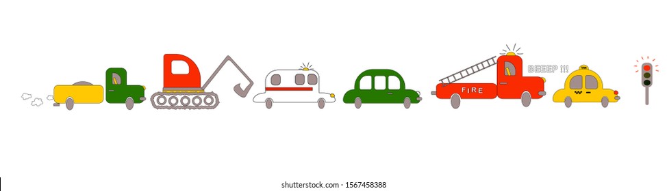 
Children's cars: ambulance, taxi, fire, excavator and others on a white background. flat vector. illustration