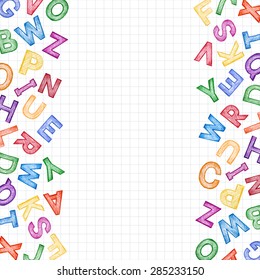 Children's cartoon ABC for your design. Hand-drawn colored pencil on white  notebook background, vector illustration.