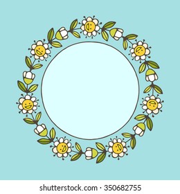 Children's cartoon background. Round frame with flowers. Free space for text. Hand drawn vector.