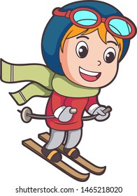 Children's cartoon characters playing skiing snow with eyeglasses