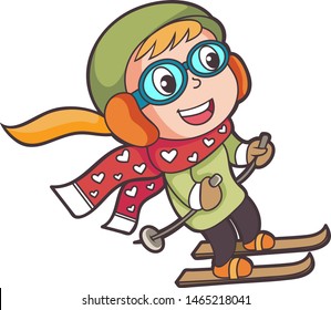 Children's cartoon characters playing skiing snow happy fun