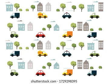 children's cartoon city with cars, houses and trees. vector flat illustration