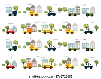 children's cartoon city with cars, houses and trees. vector flat illustration