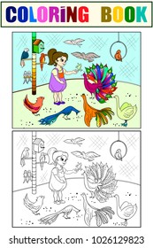 Childrens cartoon color the contact birds zoo. Bird picture book. Ornithology for the girl. Vector illustration. Coloring, black and white