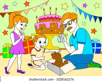 Childrens cartoon color of the holiday. Birthday with gifts, a memorable shot. The boy present a puppy to the boy. Black lines on a white background