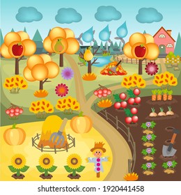 Childrens cartoon colorful illustration of autumn garden and vegetable garden. Ripe harvest of fruits and vegetables on the background of yellow trees and haystacks. No gradients, using blend