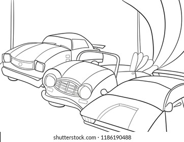 Childrens Cartoon Coloring Book For Boys. Vector Illustration Of A Garage With Cars. Black Lines On A White Background