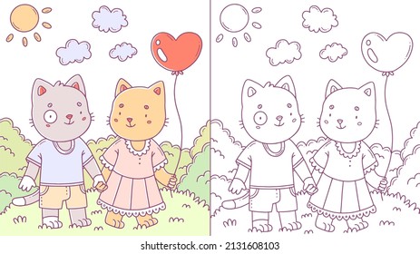 Children's cartoon coloring book with a couple of cats in love on a walk. Vector illustration.