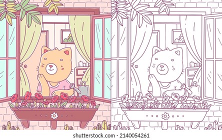 Children's cartoon coloring book with a happy kitten looking out of the window. Coloring page. Vector illustration.
