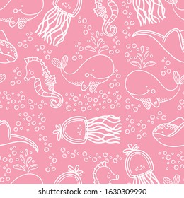 Children's cartoon cute pattern on a pink background with sea animals and elements. Set of whale, seahorse, jellyfish, algae, bubbles.