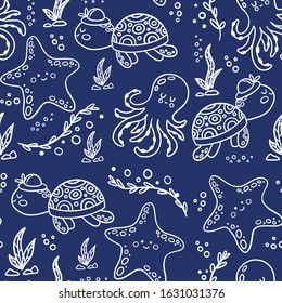 Children's cartoon cute pattern on a blue background with sea animals and elements. Set of turtle, starfish, octopus, algae, bubbles.