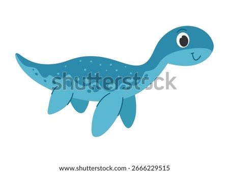 Childrens cartoon dinosaur plesiosaurus. Cute water dinosaur. Cute little prehistoric animal. Vector illustration on white background.