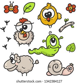 children's cartoon drawings set on the theme of the garden with the image of farm animals and plants, sketch vector graphics color illustration on a white background