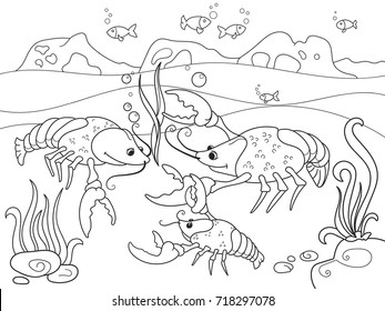 Childrens cartoon family of crayfish on the bottom of the pond. Vector illustration of a coloring book. Black lines, white background