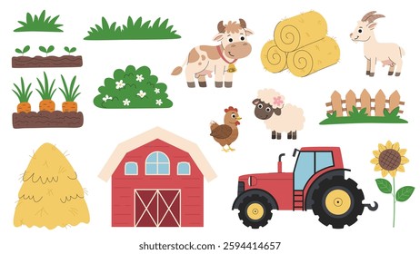 Children's cartoon farm set. Livestock - cow, goat and sheep, haystacks, beds, tractor and barn. Sunflower, fence, bushes and grass. Collection of farm animals and objects.