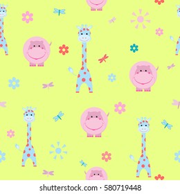 children's cartoon hippopotamus seamless pattern giraffe pattern vector illustration
