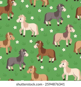 Children's cartoon horse seamless pattern. Horses graze in the meadow children's background. Green background with animals and flowers. Farm summer background.