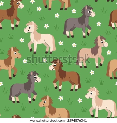 Children's cartoon horse seamless pattern. Horses graze in the meadow children's background. Green background with animals and flowers. Farm summer background.