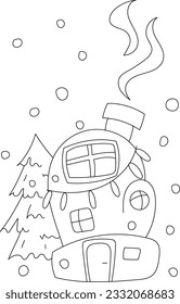 Children's cartoon house from a large mitten. Vector Christmas coloring book for kids. Smoke is coming from the roof, a Christmas tree in the background. A large garland is hung on the house.