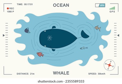 Children's cartoon illustration with a whale in the ocean. Top view. Video surveillance with a drone from above. Vector graphics