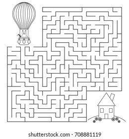 Children's cartoon labyrinth. A cat in a hot air balloon is looking for a house. Coloring page for kid. Vector illustration.