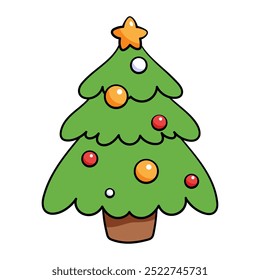 Children's cartoon New Year illustration of Christmas tree decorated with toys on white background.