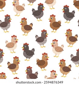 Children's cartoon pattern with chickens. Country cute pattern with poultry. Chickens of different colors seamless background. White background.