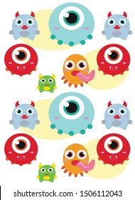 children's cartoon pattern with colored monsters on a white background