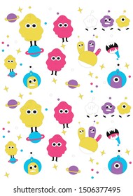 children's cartoon pattern with colored space monsters on a white background