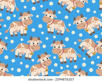 Children's cartoon pattern with cute cows and daisies. Cartoon pets cute seamless background for children's textiles, clothes and other designs. Blue background.