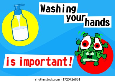 Children's cartoon poster with the image of a sanitizer, a frightened virus and the words "Washing your hands is important!"