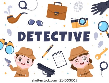 Children's Cartoon Private Investigator or Detective Who Collects Information to Solve Crimes with Equipment such as Magnifying Glass and Other in Background Illustration