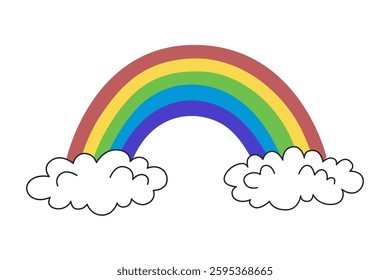 Children's cartoon rainbow with clouds on white background.