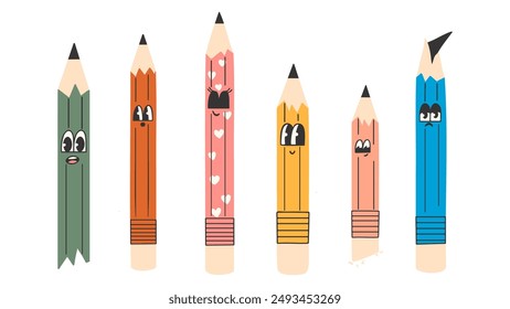 Children's cartoon retro pencils with erasers of different shapes and sizes. School vector icons set. 