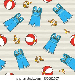 Children's cartoon seamless pattern with blue pants, striped socks and toy balls. Hand drawn vector.
