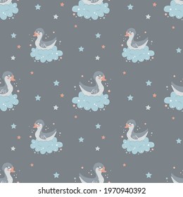Childrens cartoon seamless pattern goose sleeping on a cloud on a grey background. Perfect for printing on fabric, wrapped paper, wallpaper, nursery clothing.