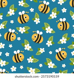 Children's cartoon seamless pattern with honey bees and white flowers. Cute repeating hand drawn background for fabric, wrapping paper and other designs. Blue background. Bees and Flowers