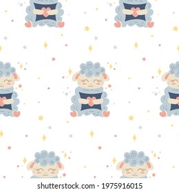 Childrens cartoon seamless pattern of a little cute sheep hugs a pillow on a white background. Perfect for printing on fabric, wrapped paper, wallpaper, nursery clothing.