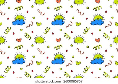 Children's cartoon seamless pattern for textiles, packaging, background, wallpaper. Yellow sun smiles, blue cloud, orange and yellow heart, spirals, pebbles. Bright cheerful ornament.
