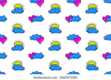 Children's cartoon seamless pattern for textiles, packaging, background, wallpaper. Yellow sun is smiling,  blue cloud,  pink heart is peeking out from behind  cloud. Sunny weather, love.
