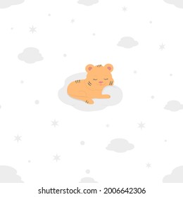 Children's cartoon seamless pattern. A tiger cub sleeps in the clouds against the background of stars. Template, blank for wallpaper, wrapping paper, textiles, covers, fabrics, etc.