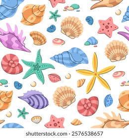 Children's cartoon seamless sea pattern with colorful shells and starfish. Bright tropical sea background. Summer hand drawn background for wallpaper, fabric and other design.