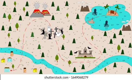  Children's cartoon treasure map in flat vector style. 