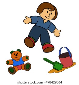 Children's cartoon vector illustration. Boy and toys. Teddy bear, baby shovel, sand and bucket.