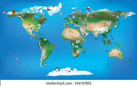 Childrens cartoon world map as an editable vector illustration showing all the worlds landmarks