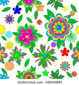 Children's cartoons seamless summer pattern with flowers, leaves  and stars on white background, can be used for wallpaper, pattern fills, web page background,surface textures.