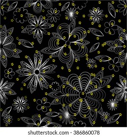 Children's cartoons summer monochrome pattern with flowers, leaves and golden stars on black background, can be used for wallpaper, pattern fills, web page background,surface textures.