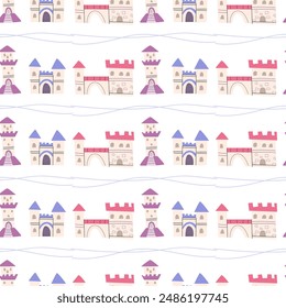 Childrens castle pattern. Cartoon fairy building background. Cute childish magic pattern for decoration, cover.