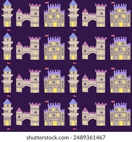 Childrens castle pattern. Cartoon fairy building background. Cute childish magic pattern for decoration, cover.